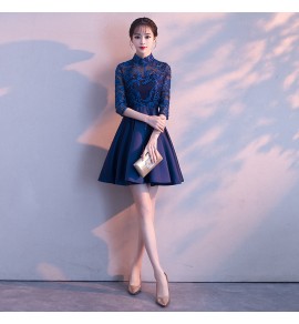 少女禮服裙立領蕾絲花朵透視短裙