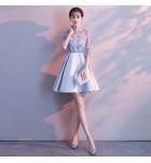 少女禮服裙立領蕾絲花朵透視短裙