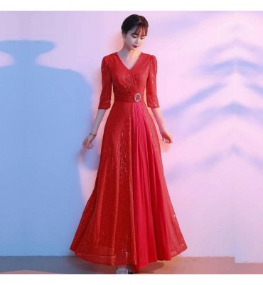 女裝禮服裙V領中袖合唱團演出長裙