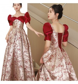 晚裝禮服裙紅色泡泡袖宴會長裙