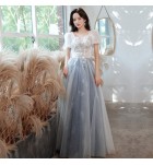 晚裝禮服裙方領泡泡袖網紗長裙