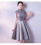 少女禮服裙立領收腰中長裙