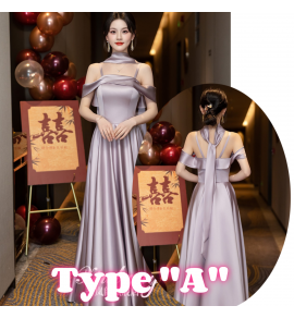 少女禮服裙灰紫色緞面宴會長裙