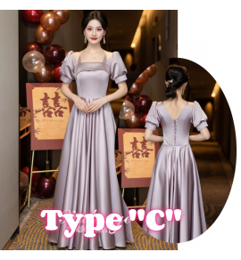 少女禮服裙灰紫色緞面宴會長裙