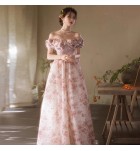 晚裝禮服裙褶皺一字肩長裙