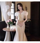 少女禮服裙吊帶一字肩亮片長裙