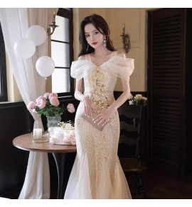 少女禮服裙吊帶一字肩亮片長裙