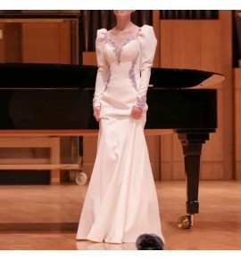少女禮服裙V領長袖魚尾長裙