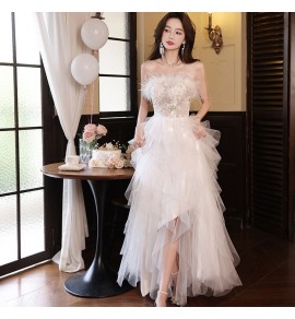 少女禮服裙羽毛抹胸不規則網紗裙襬