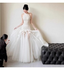 女裝禮服裙掛脖露背網紗下襬裙