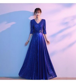 女裝禮服裙V領亮片中袖長裙