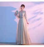 女裝禮服裙V領亮片中袖長裙