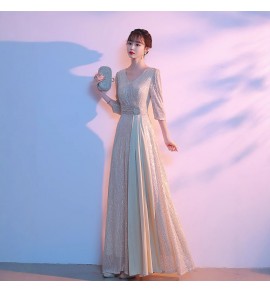 女裝禮服裙V領亮片中袖長裙
