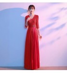 女裝禮服裙V領亮片中袖長裙