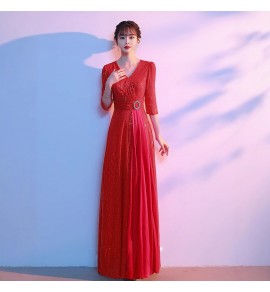 女裝禮服裙V領亮片中袖長裙