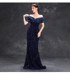 晚裝禮服裙一字肩褶皺亮片長裙