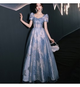 晚裝禮服裙方領泡泡袖長裙