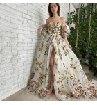 少女禮服裙抹胸泡泡袖開叉長裙