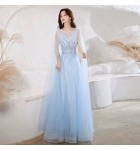 晚裝禮服裙圓領飄紗肩袖長裙