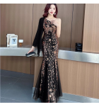 晚裝禮服裙斜肩飄帶亮片魚尾長裙