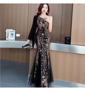 晚裝禮服裙斜肩飄帶亮片魚尾長裙