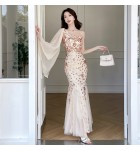 晚裝禮服裙斜肩飄帶亮片魚尾長裙