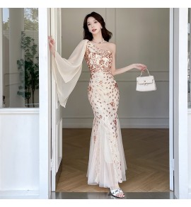 晚裝禮服裙斜肩飄帶亮片魚尾長裙