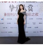晚裝禮服裙一字肩主持人黑色晚禮服