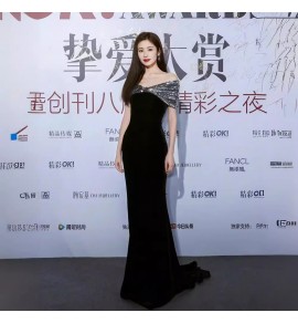 晚裝禮服裙一字肩主持人黑色晚禮服