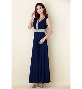 女裝禮服裙大碼V領無袖繡珠長裙