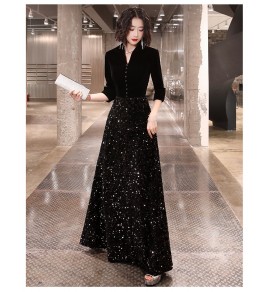 晚裝禮服V領宴會長裙
