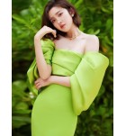 晚裝禮服裙一字肩泡泡袖露背長裙
