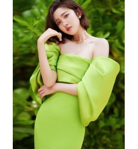 晚裝禮服裙一字肩泡泡袖露背長裙