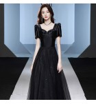 晚裝禮服黑色方領宴會長裙