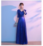 女裝禮服裙V領亮片中袖長裙