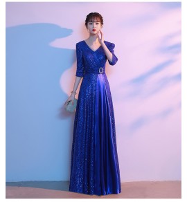 女裝禮服裙V領亮片中袖長裙