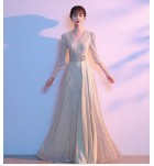 女裝禮服裙V領亮片中袖長裙