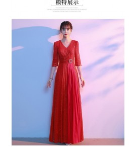 女裝禮服裙V領亮片中袖長裙