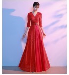 女裝禮服裙V領亮片中袖長裙