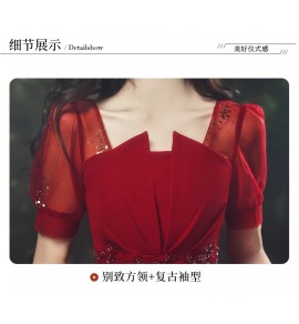 晚裝禮服方領紅色紗中長裙