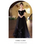 晚裝禮服裙一字肩黑色演出禮服長裙