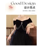 晚裝禮服裙一字肩黑色演出禮服長裙