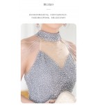 晚裝禮服裙掛脖流蘇露肩長裙