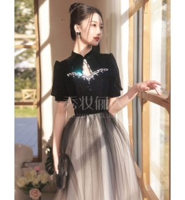 晚裝禮服裙立領留空聳肩長裙