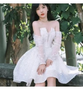 少女禮服裙一字肩長袖短裙