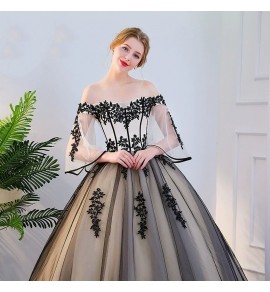 晚裝禮服裙一字肩寬袖露背蓬蓬裙