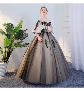 晚裝禮服裙一字肩寬袖露背蓬蓬裙
