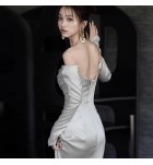 晚裝禮服裙一字肩露背長袖長裙