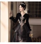 晚裝禮服裙V型方領黑色長裙