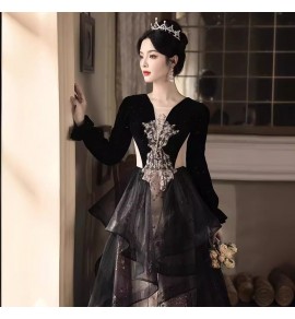 晚裝禮服裙V型方領黑色長裙
